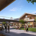 Bustling Commercial Street with Modern Architecture Green Trees Shops and Visitors Enjoying Leisure Time