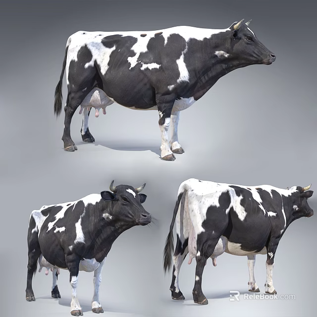 Black And White Spotted Cows In Different Standing Poses 3D Rendering 3d model 