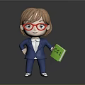 3D Doll With Brown Hair Red Glasses Blue Suit Holding Green Book With CGI Text
