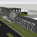 Modern Architectural Building With Unique Geometric Roofs Black Gray Exterior And Green Lawn