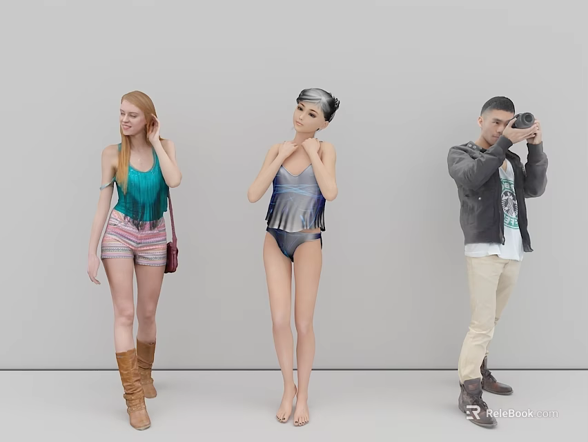 Group of Three People in Fashion Outfits Posing with Camera and Different Clothing 3d model 