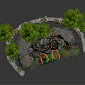 Playful Cartoon Scene With Green Pine Trees Stone Structures And Colorful Decorative Plants
