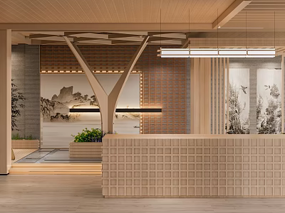 Modern Chinese Exhibition Hall With Wooden Structure And Landscape Paintings Reception Counter 3d model