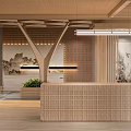 Modern Chinese Exhibition Hall With Wooden Structure And Landscape Paintings Reception Counter