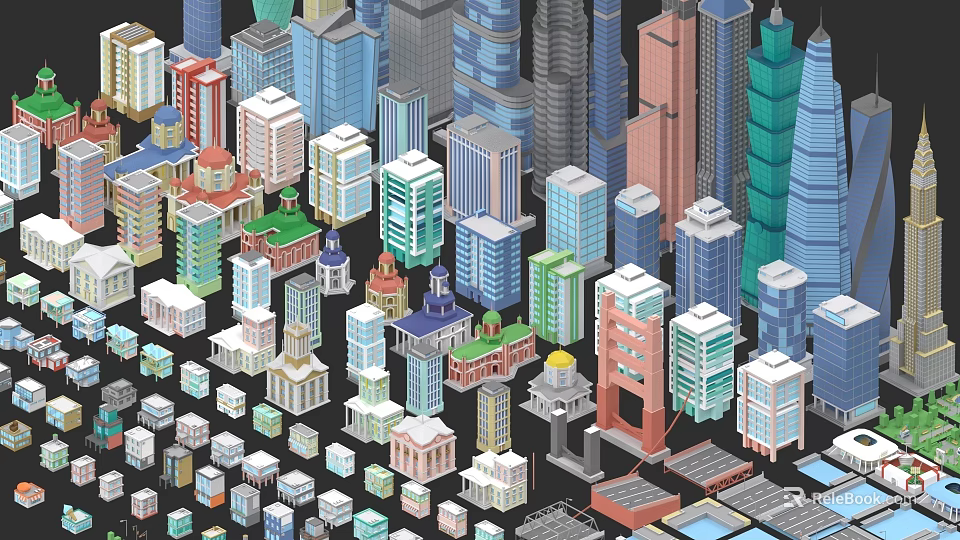Urban Architectural Complex Featuring Diverse High Rise And Low Rise Buildings With Colorful Designs 3d model 