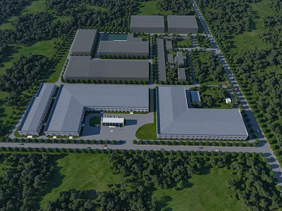 Industrial Factory Complex Aerial View With Lush Green Surroundings And Buildings 3d model