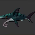 Cartoon Striped Shark With Teal Black Color Yellow Eyes And Gear Like Teeth