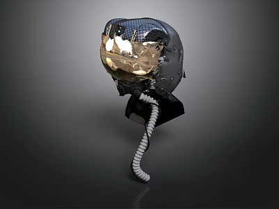 Detailed Futuristic Mechanical Weapon With Black Metallic Body Gold Accents And Coiled Hose 3d model
