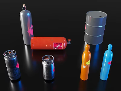 Industrial Equipment Featuring Various Colored Gas Cylinders And Metal Storage Drums 3d model