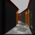 Modern Hotel Corridor With Curved Gray Walls Red Accent Lines And Plant Decor