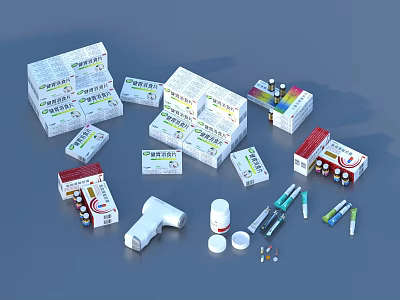 Essential Household Medical Supplies With Medicine Boxes Ointment Tubes Syringes Tablets And Small Bottles 3d model