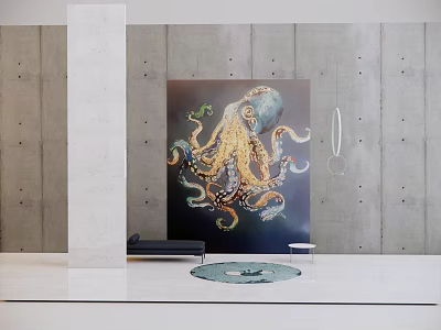 Vibrant Octopus Animal Painting On Gray Concrete Wall In Modern Interior Space 3d model