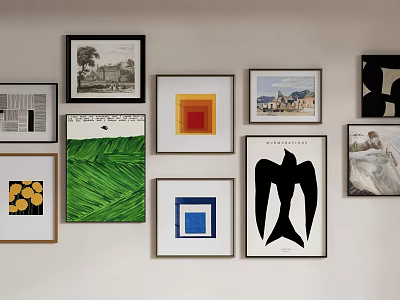 Gallery Wall With Various Framed Artworks Abstract Landscape And Geometric Patterns 3d model