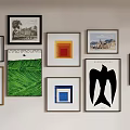 Gallery Wall With Various Framed Artworks Abstract Landscape And Geometric Patterns