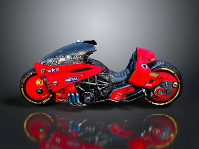 Red Futuristic Motorcycle With Transparent Windshield Black Seat Gold Wheels And Reflective Surface 3d model
