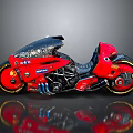 Red Futuristic Motorcycle With Transparent Windshield Black Seat Gold Wheels And Reflective Surface