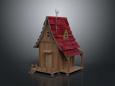 Wooden Cottage With Red Roof Small Windows Porch Steps And Weather Vane 3d model