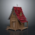 Wooden Cottage With Red Roof Small Windows Porch Steps And Weather Vane