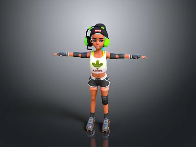 Cartoon Girl In Roller Skates With Green Headphones White Tank Top And Leaf Logo 3d model