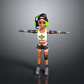 Cartoon Girl In Roller Skates With Green Headphones White Tank Top And Leaf Logo