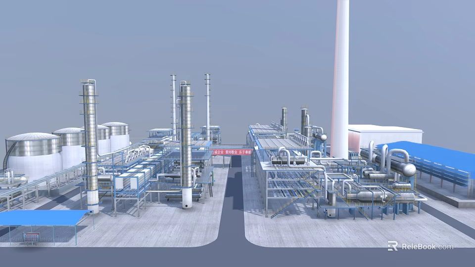 Modern Industrial Plant Infrastructure With Tall Towers Pipes And Storage Tanks 3d model 