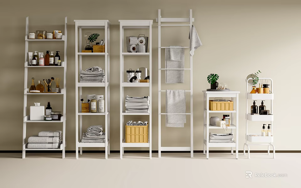 White Versatile Shelving Units For Home Organization With Towels Jars And Plants 3d model 