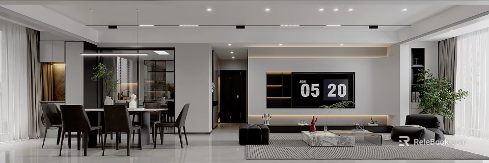 Modern Living Dining Room Interior Design With TV Wall Dining Table Sofa And Rug 3d model