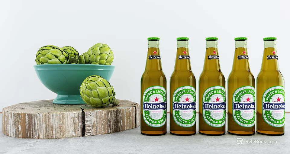 Four Heineken Beer Bottles With Green Bowl Of Fresh Artichokes On Rustic Wooden Plank 3d model 