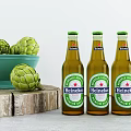 Four Heineken Beer Bottles With Green Bowl Of Fresh Artichokes On Rustic Wooden Plank