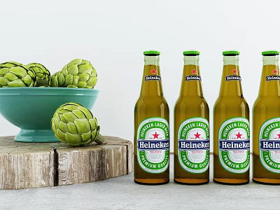 Four Heineken Beer Bottles With Green Bowl Of Fresh Artichokes On Rustic Wooden Plank 3d model