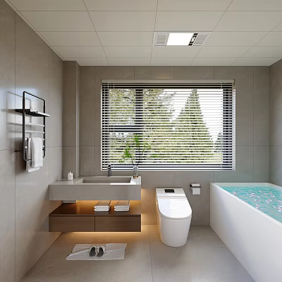 Clean Modern Grey Tiled Bathroom With Smart Toilet Bathtub And Floating Vanity Warm Lighting 3d model