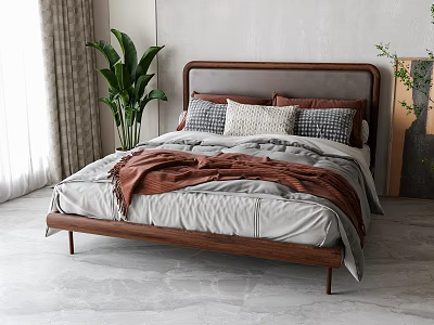Double Bed with Wooden Headboard Cozy Bedding Plush Pillows and Green Plant in Modern Bedroom 3d model