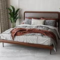 Double Bed with Wooden Headboard Cozy Bedding Plush Pillows and Green Plant in Modern Bedroom