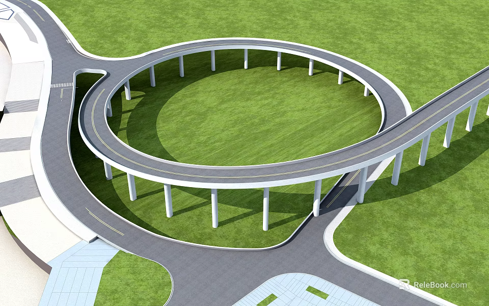 Modern Circular Bridge with White Support Pillars Over Green Grass and Road Connections 3d model