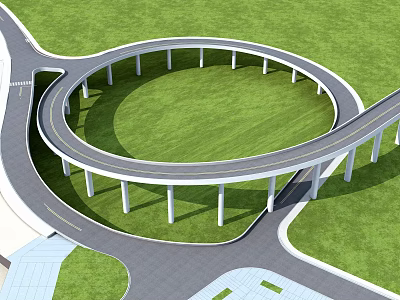 Modern Circular Bridge with White Support Pillars Over Green Grass and Road Connections 3d model