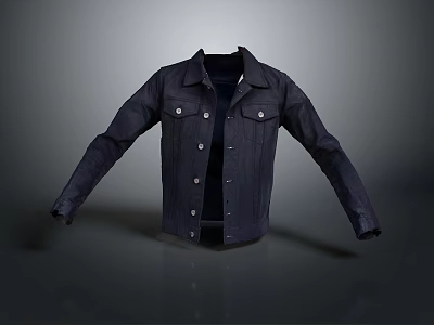 Classic Dark Blue Denim Jacket With Collar Button Design And Extended Sleeves 3d model