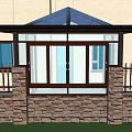 Modern Glass Roof Garden Pavilion with Transparent Geometric Structure and Stone Wall Railing
