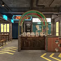 Fun Mario Themed Restaurant Interior With Question Mark Block Neon Signs And City Night View