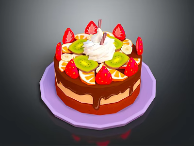 Chocolate Cake Topped With Strawberries Kiwi Orange Slices Whipped Cream Chocolate Drizzle On Purple Plate 3d model