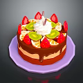 Chocolate Cake Topped With Strawberries Kiwi Orange Slices Whipped Cream Chocolate Drizzle On Purple Plate