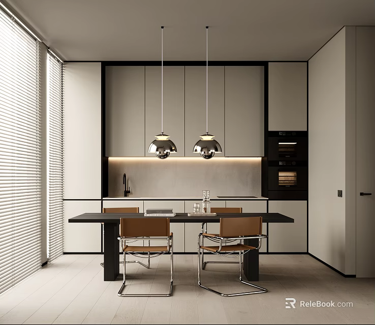 Modern Restaurant Open Kitchen With Dining Table Chairs Pendant Lights And Cabinets 3d model 
