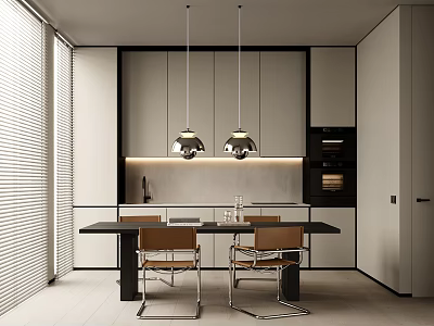 Modern Restaurant Open Kitchen With Dining Table Chairs Pendant Lights And Cabinets 3d model
