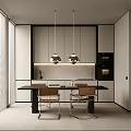 Modern Restaurant Open Kitchen With Dining Table Chairs Pendant Lights And Cabinets