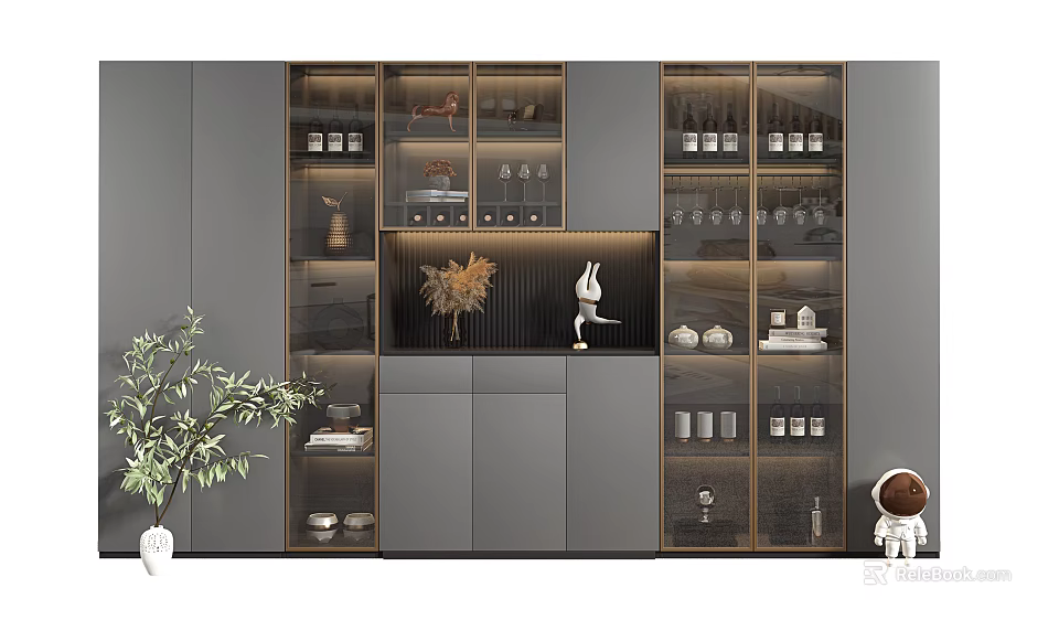 Modern Wine Cabinet Interior Design With Glass Shelves Gold Frames And Wine Bottles 3d model 