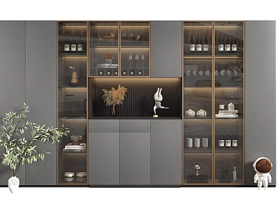 Modern Wine Cabinet Interior Design With Glass Shelves Gold Frames And Wine Bottles 3d model