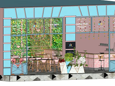 Modern Cafe Interior Design With Glass Windows Green Plant Wall Wooden Tables And Decorative Flowers 3d model