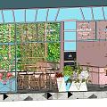 Modern Cafe Interior Design With Glass Windows Green Plant Wall Wooden Tables And Decorative Flowers