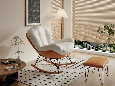 White And Brown Rocking Leisure Chair With Ottoman On Checkered Rug And Floor Lamp 3d model