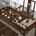 Chinese Style Wooden Tea Table with Matching Chairs and Tea Set in Bright Indoor Setting