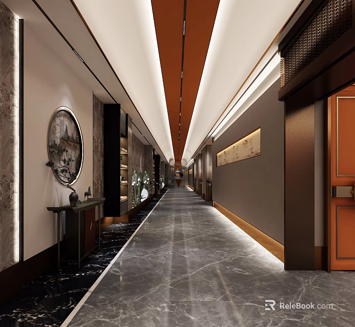 Long Modern Hotel Corridor with Marble Floor Circular Paintings Plants and Warm Lighting 3d model 
